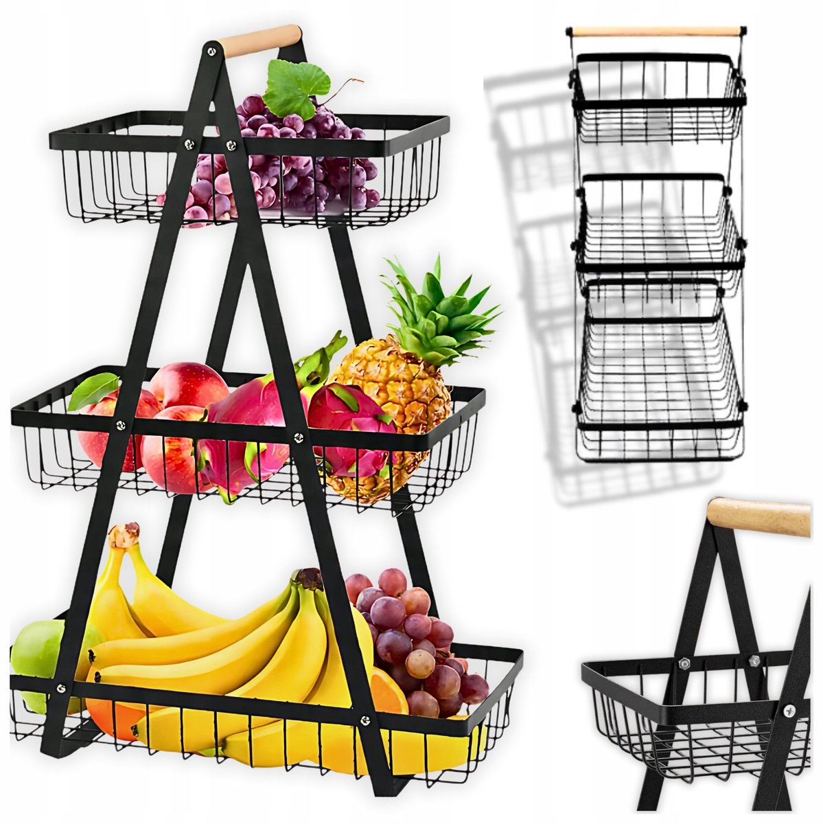 3-Laags Metalen Fruit- en Groentemand Zwart met Houten Handvat
