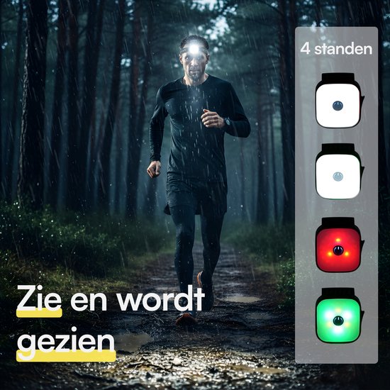 Man in regen bos, draagt GearGlow hoofdlamp. Zijkant toont 4 standen: wit, gedimd wit, rood en groen licht.