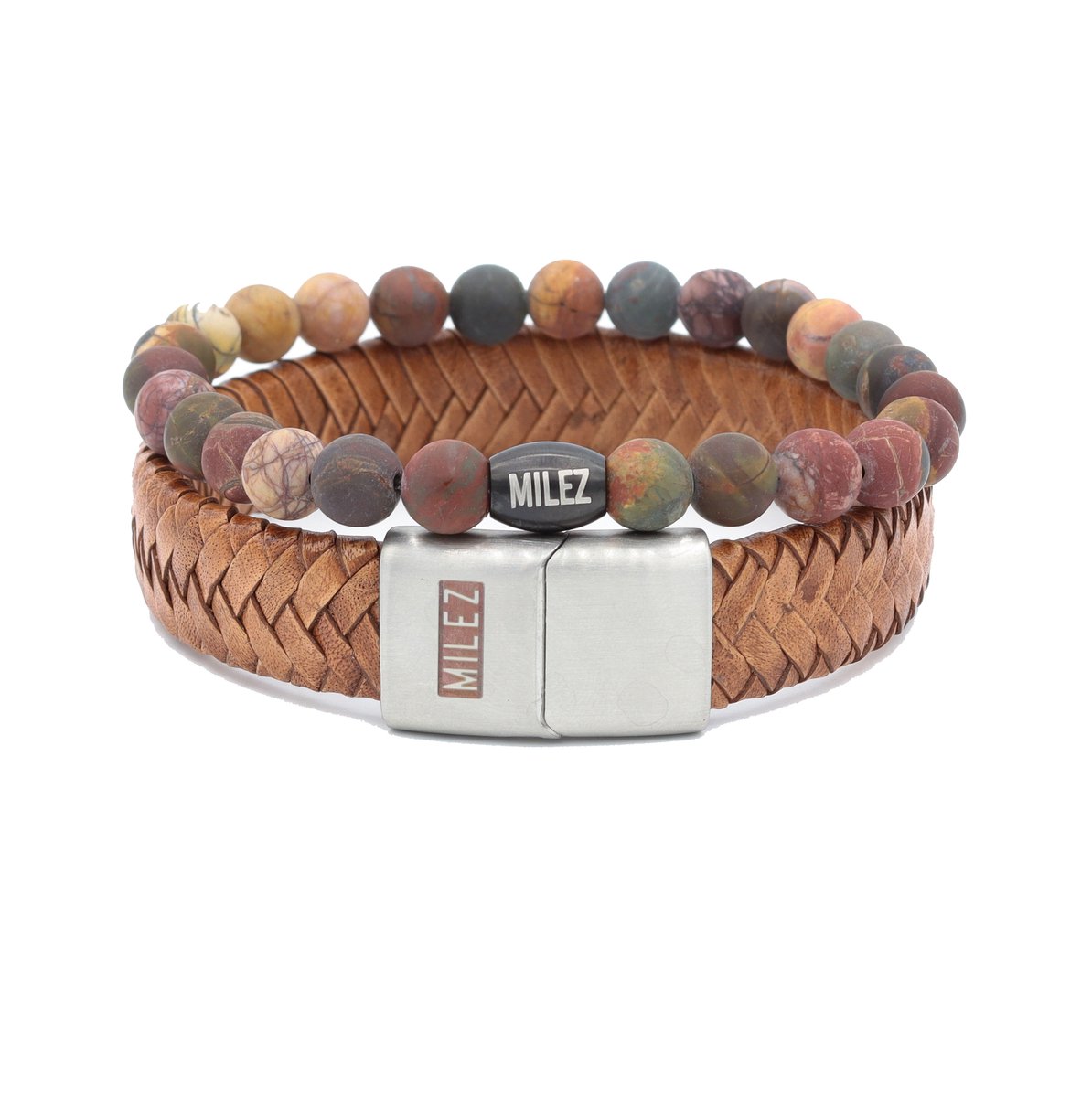 Milez - Armband set mannen - armband heren leer kralen - Cognac - Maat L