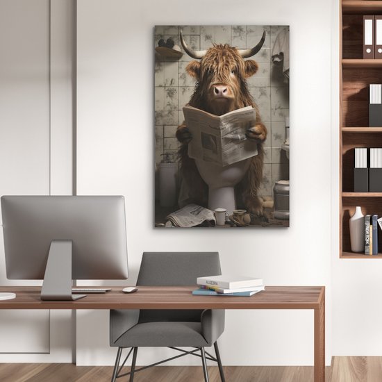 Akoestisch wandpaneel 70x100 cm - Vilt schilderij Schotse hooglander - Toilet - Krant - Badkamer - Akoestische panelen - Geluidsdempende wanddecoratie - Geluidsisolatie woonkamer - Muurdecoratie geluidspanelen
