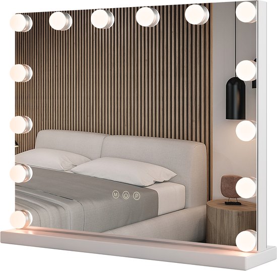 COSTWAY Hollywood Spiegel mit Beleuchtung, 10X Vergrößerung, USB-Ladeanschluss & Bluetooth-Lautsprecher, Schminkspiegel mit 15 dimmbaren LED-Leuchten, Kosmetikspiegel für Schlafzimmer, 58 x 46 cm