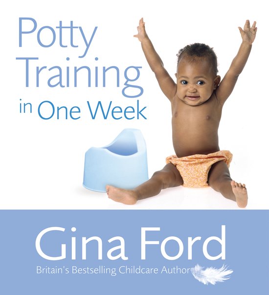 Potty Training in One Week: Een baby in luierbroekje zit naast een blauw potje met de armen omhoog.