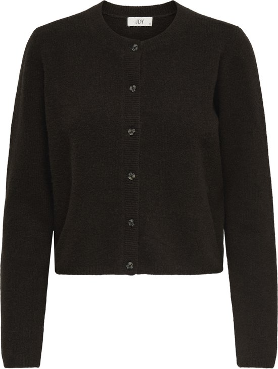 Donkerbruin vest met ronde hals en knoopsluiting.