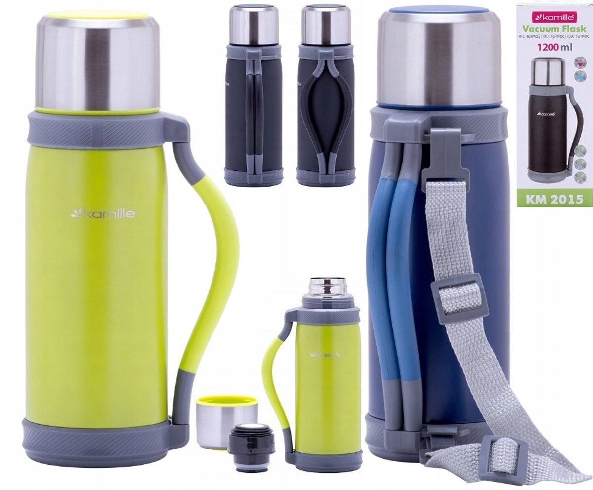 Kamille Thermos Fles 1200ml RVS met Mok en Band - Warm/Koud