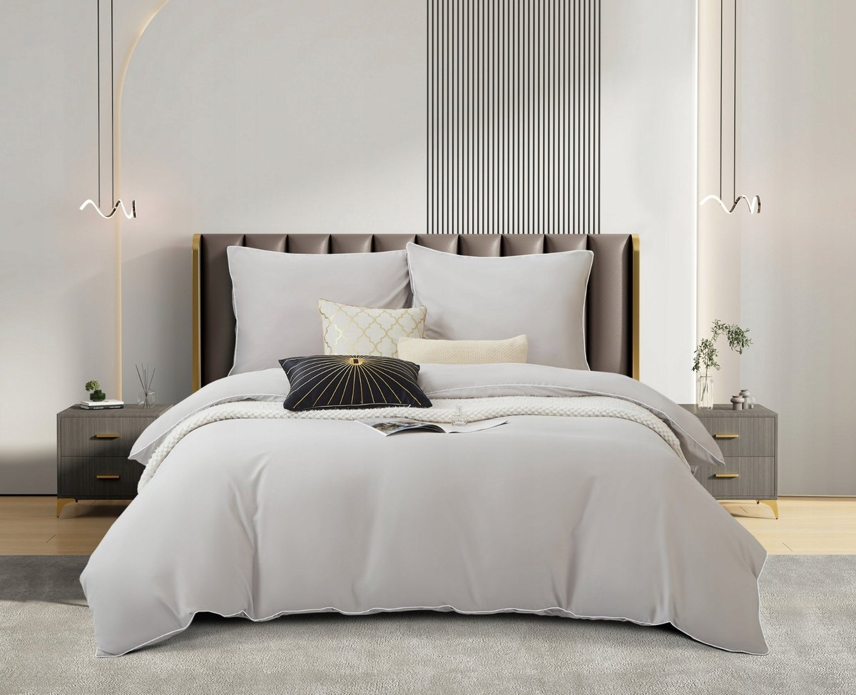 Luxe Katoenen Satijnen Dekbedovertrek Set Queen 220x200 Grijs met Bies