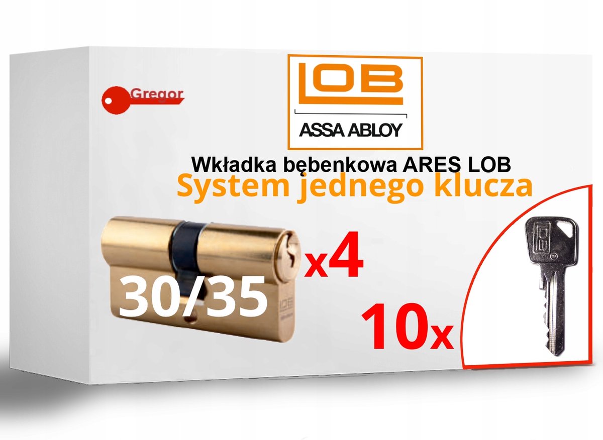 4x LOB ARES Cilinderslot 30/35 Messing met 10 sleutels (One key system)