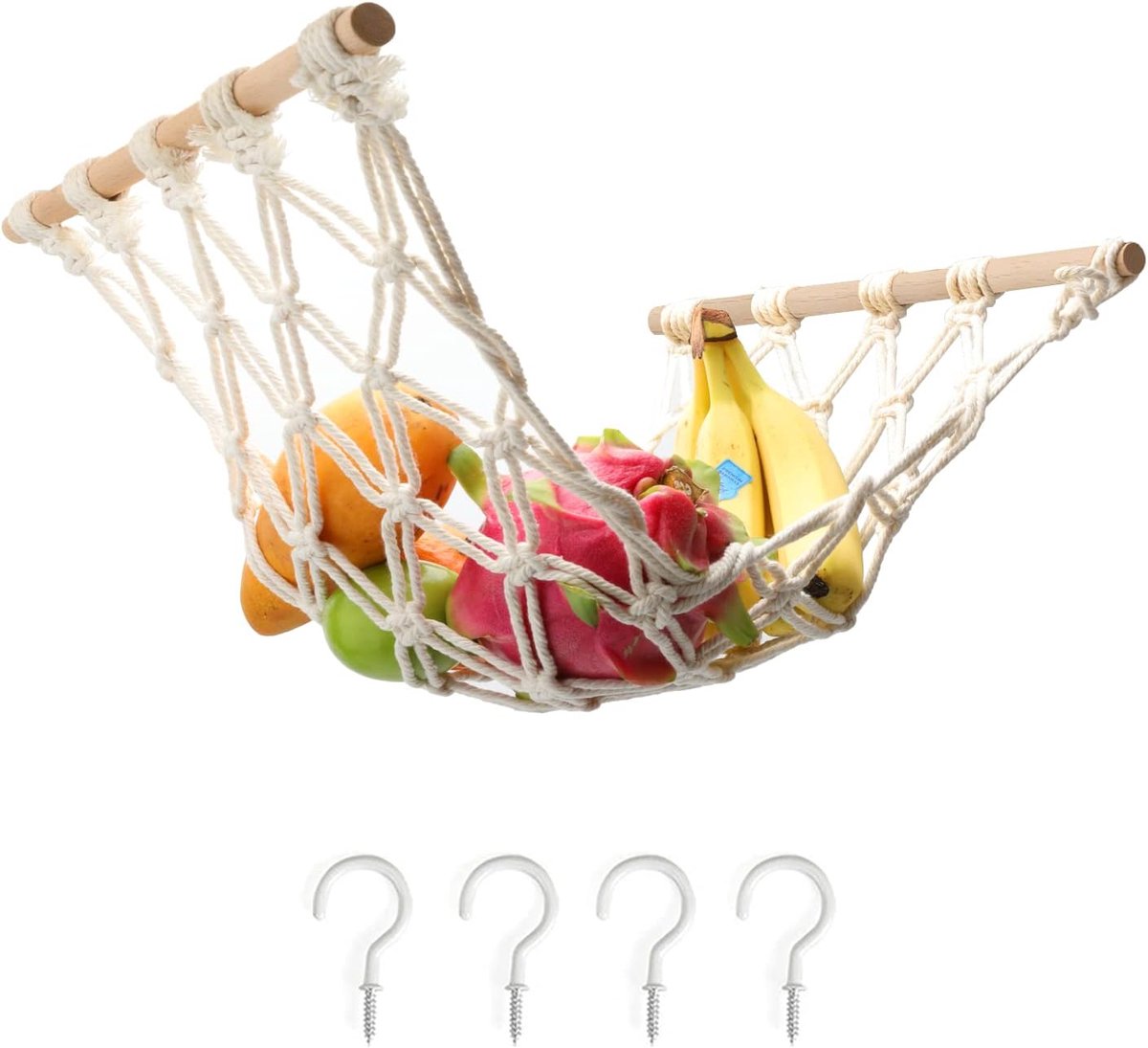 QTTVBTNA -Fruit Hangmat met Haken – Handgeweven Hangende Fruitmand Onder Keukenkast, Rechthoekig Design – Ruimtebesparende Groente- en Bananenmand, Bohemian Keukendecoratie