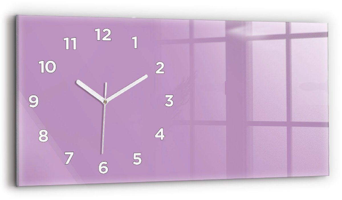 Wallfluent Wandklok - Lila Rechthoekige Glazen Wandklok - 60 cm x 30 cm - Lila Wandklok - Witte Handen - Wandklok Met Cijfers - Stille Wandklok Slaapkamer - Glazen Klok Rechthoekige - Minimalistisch Wandklok - Rechthoekige Glas Klok