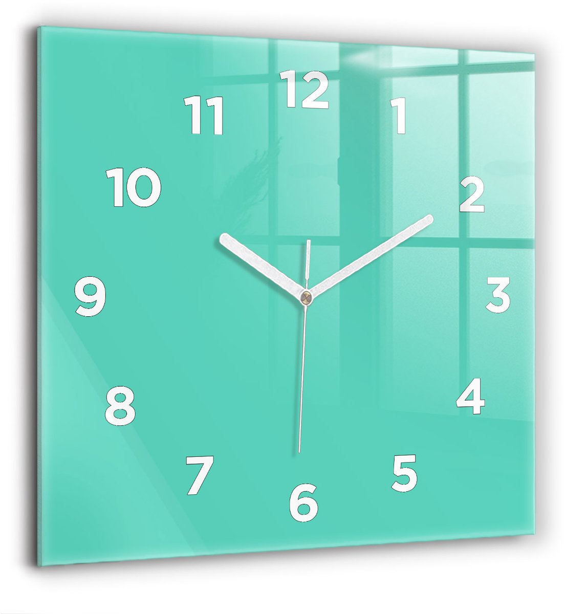 Wallfluent Wandklok - Turkoois Vierkante Glazen Wandklok - 60 cm x 60 cm - Turkoois Wandklok - Witte Handen - Wandklok Met Cijfers - Wandklok Glas Woonkamer - Vierkante Glas Klok - Scandinavisch Wandklok - Vierkante Glazen Klok