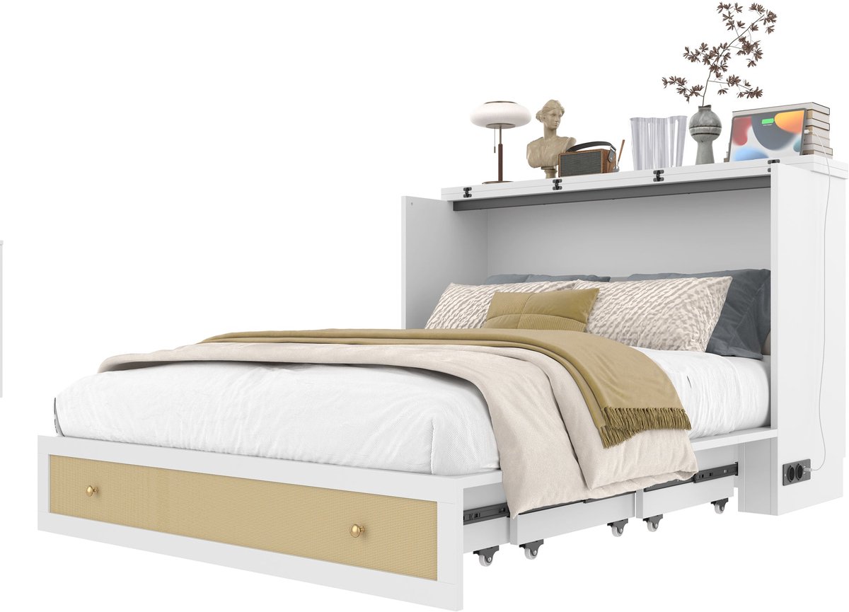 Merax Kastbed 140x200 – Opklapbaar Bed met Lade en Hoofdbord Plank – USB-poort en Stopcontact – Ruimtebesparend Opklapbed – Wit met Goud