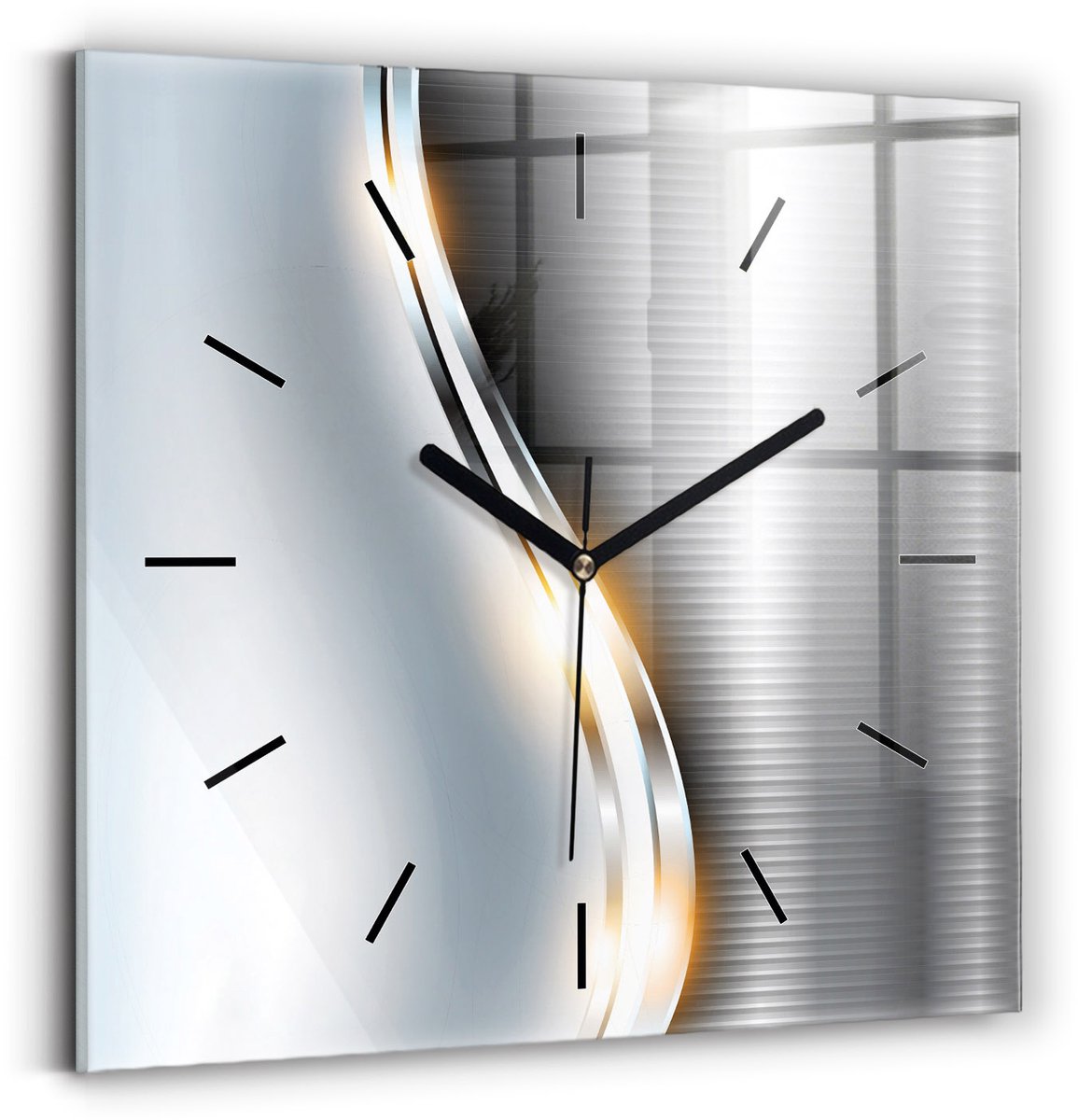 Wallfluent Wandklok - Metaalabstractie Klok met Print - 30 cm x 30 cm - Zilver Wandklok - Zwarte Handen - Wandklok Zonder Cijfers - Wandklok Glas Woonkamer - Vierkante Glas Klok - Minimalistisch Wandklok - Klok met Afbeelding