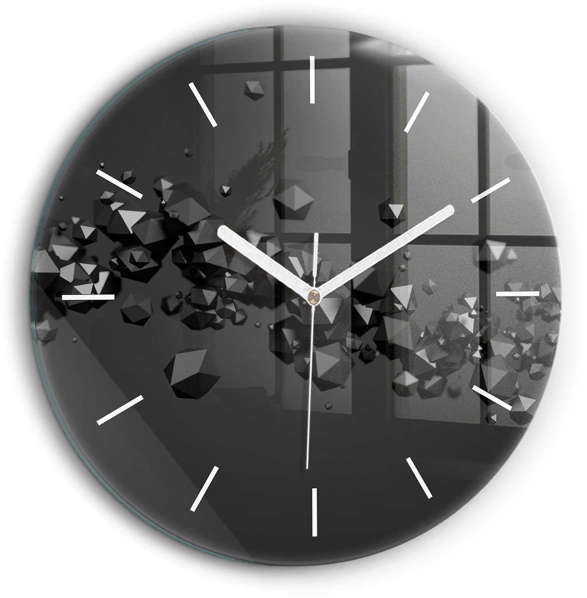 Wallfluent Wandklok - Zwarte abstractie Klok met Print - 60 cm x 60 cm - Zwart Wandklok - Witte Handen - Wandklok Zonder Cijfers - Wandklok Glas Woonkamer - Ronde Glazen Wandklok - Minimalistisch Wandklok - Klok met Afbeelding