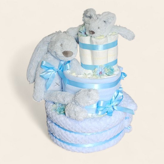 Luiertaart 3 laags blauwe met Rabbit Richie – Perfect Kraamcadeau — afbeelding 2