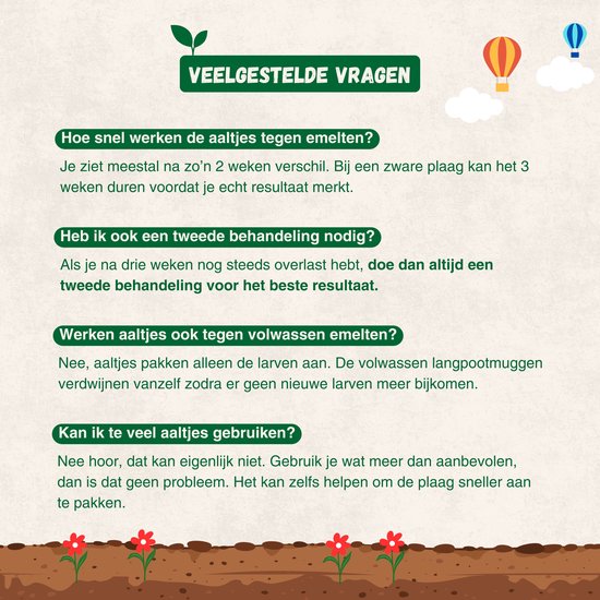 Vragen en antwoorden over aaltjes tegen emelten. Tekst 'Veelgestelde vragen' staat bovenaan. Illustraties van bloemen, aaltjes en luchtballonnen.