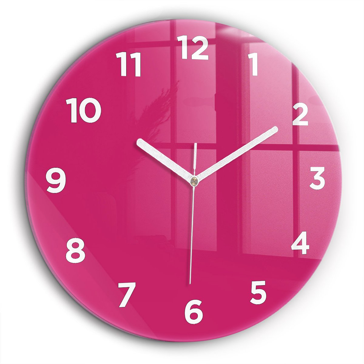 Wallfluent Wandklok - Roze Ronde Glazen Wandklok - 60 cm x 60 cm - Roze Wandklok - Witte Handen - Wandklok Met Cijfers - Wandklok Glas Woonkamer - Ronde Glas Klok - Scandinavisch Wandklok - Ronde Glazen Klok