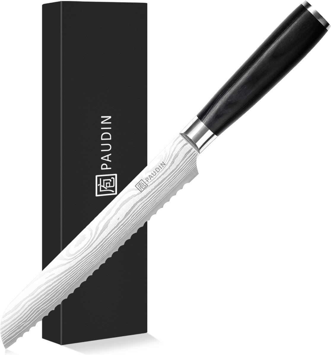 PAUDIN KW2 Broodmes - Gekarteld Koksmes - 20 cm mes - Japans mes - Damascus Patroon