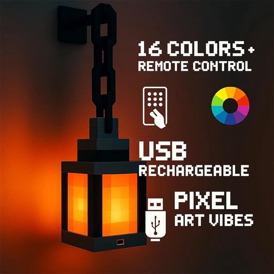 Pixelated Lantern Nachtlampje - 16-kleuren LED Wand Sfeer Nachtlampje met Touch Schakelaar en Afstandsbediening - Oplaadbare Nachtlamp, Monteerbare Tafellamp, Kostuum Cosplay Nachtkastje Lamp voor Kamerdecoratie voor Jongens - Cyslmuk® van Cyslmuk® — afbeelding 2