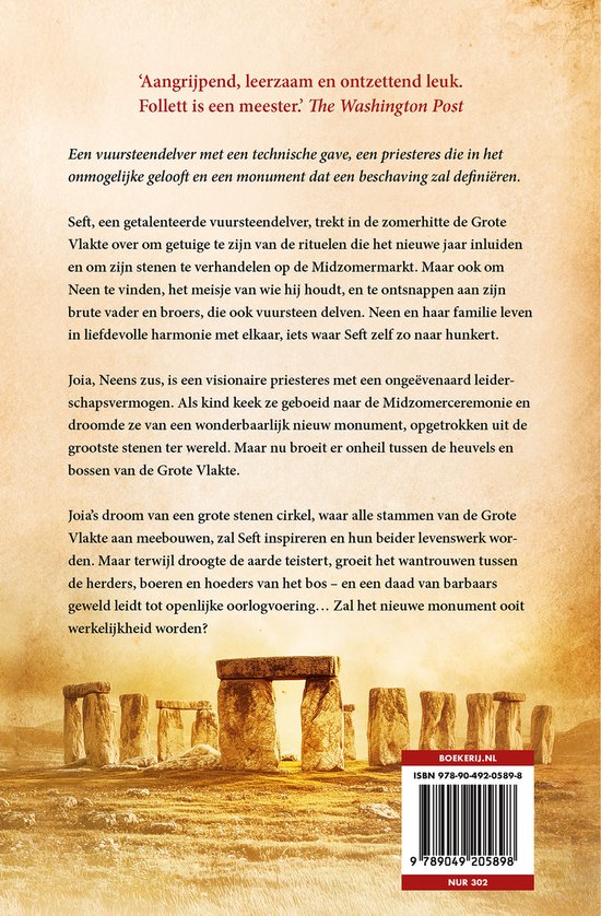 Boekomslag met een afbeelding van Stonehenge bij zonsondergang. Tekst: 'Aangrijpend, leerzaam en ontzettend leuk. Follett is een meester.'