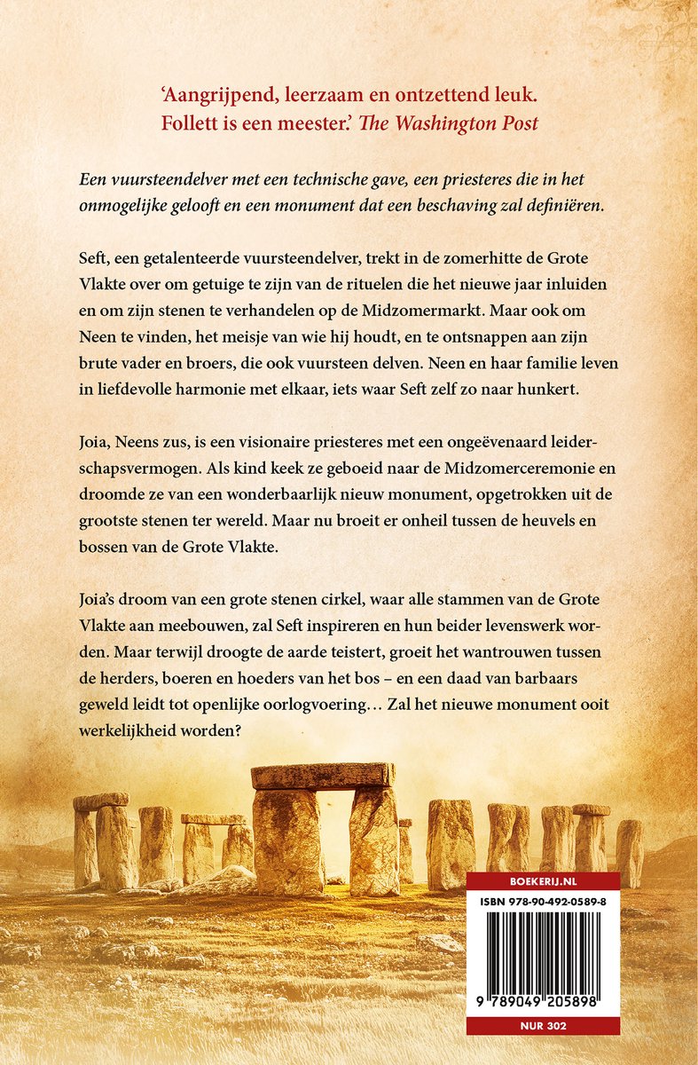 Boekomslag met een afbeelding van Stonehenge bij zonsondergang. Tekst: 'Aangrijpend, leerzaam en ontzettend leuk. Follett is een meester.'