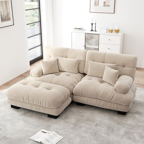 Canapé d'angle Pugsdrly Cloud pour le salon, canapé deux places en chenille avec 2 coussins lombaires et 2 coussins décoratifs, canapé rembourré avec accoudoirs larges et pouf, chenille marron clair