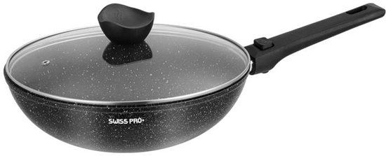Wok noir antiadhésif avec couvercle en verre.