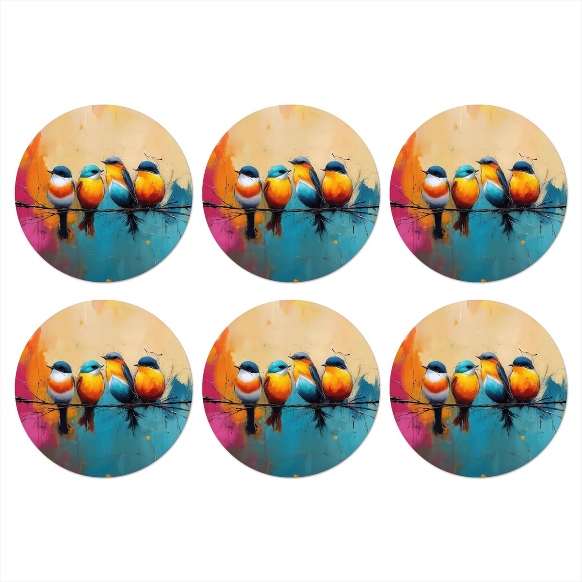 Onderzetters voor glazen - Rond - Vogels - Kleurrijk - Tak - Abstract - 10x10 cm - Glasonderzetters - 6 stuks