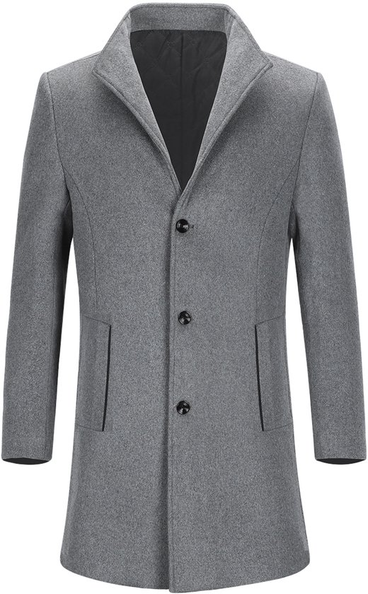 Manteau d'hiver gris pour homme avec col montant, trois boutons et deux poches à rabat.