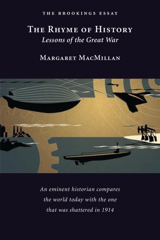 Boekomslag van 'The Rhyme of History' met een zeppelin, onderzeeër en vliegtuigen tegen een achtergrond met tandwielen en fabrieksschoorstenen.