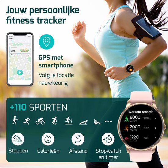 Roze smartwatch met gouden details, gericht op fitness. Toont +110 sporten, stappen, calorieën, afstand en stopwatch.