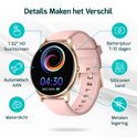 Roze smartwatch met gouden details, 1.32" HD touchscreen, siliconen band en waterdicht. "Details maken het verschil".