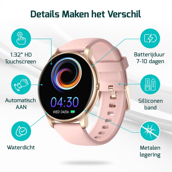 Roze smartwatch met gouden details, 1.32" HD touchscreen, siliconen band en waterdicht. "Details maken het verschil".