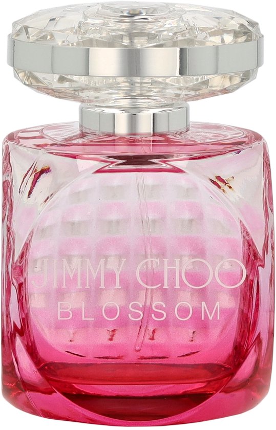 Glazen fles Jimmy Choo Blossom met roze gradiënt en facetdop.
