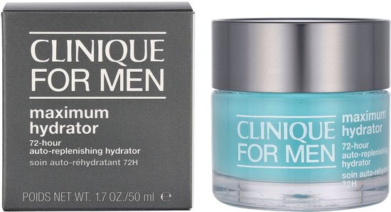 Doos en pot Clinique For Men Maximum Hydrator. Pot met turquoise crème en zilveren dop.