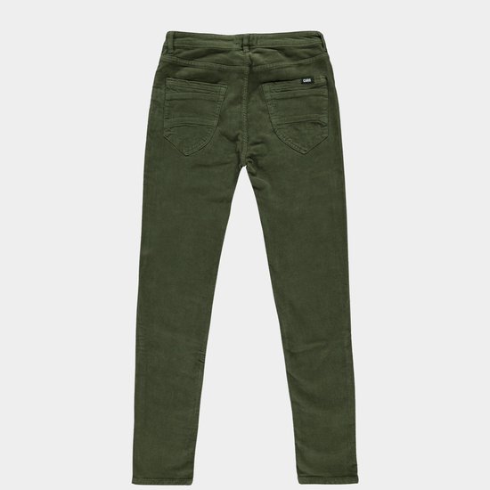 Achterkant van een groene corduroy broek met slim fit pasvorm en geborduurde zakken.