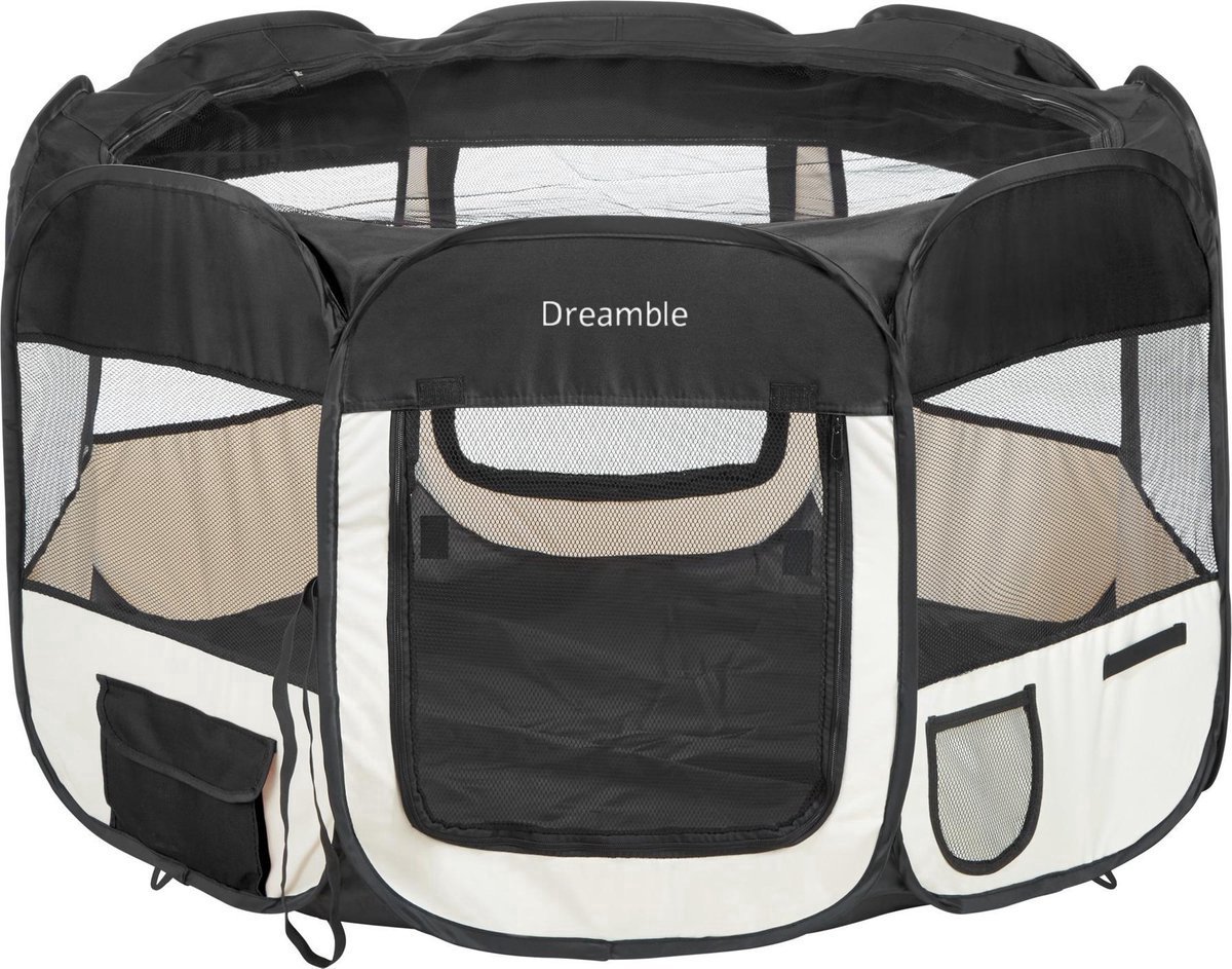 Dreamble® | Puppyren | Hondenren | Zwart | (B) 91 x (H) 61 cm | Opvouwbaar | Extra dik gaas - tegen scherpe nagels | 2 In-uitgangen met rits, oprolbaar | 3 pockets | 4 tentharingen en 4 lusjes | Gaasdak met rits | Draagtas met riem | Pop-up systeem