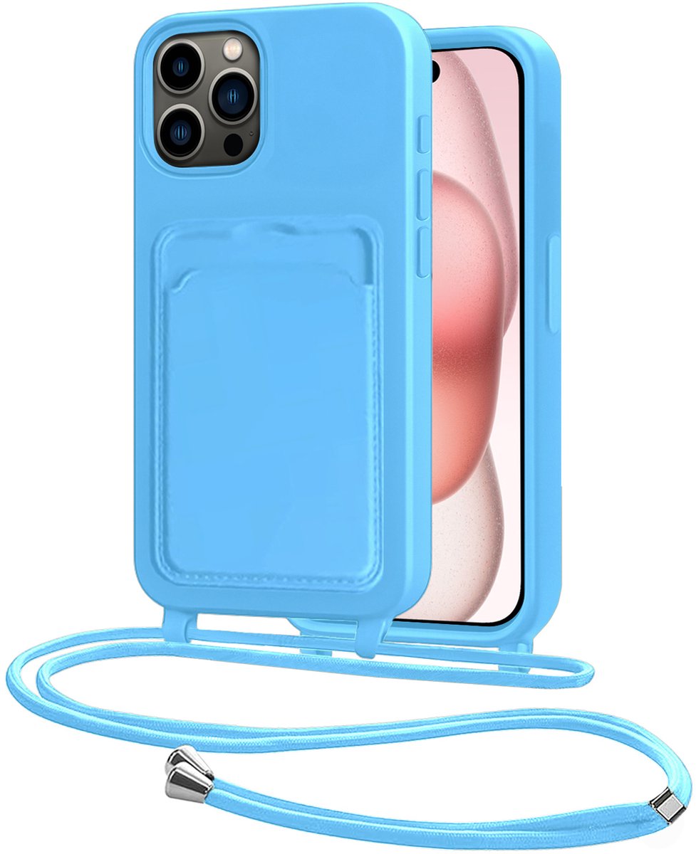 Hoes Geschikt voor iPhone 14 Pro Hoesje Pasjeshouder Cover Met Koord Case Siliconen Hoes Met Telefoonkoord en Kaarthouder - Lichtblauw