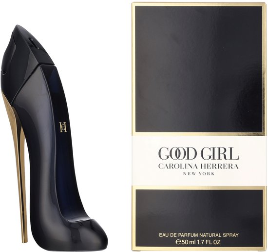 Zwarte pumpsvormige parfumfles met gouden hak, naast een zwarte doos met "Good Girl Eau de Parfum Natural Spray 50 ml 1.7 FL OZ" erop.