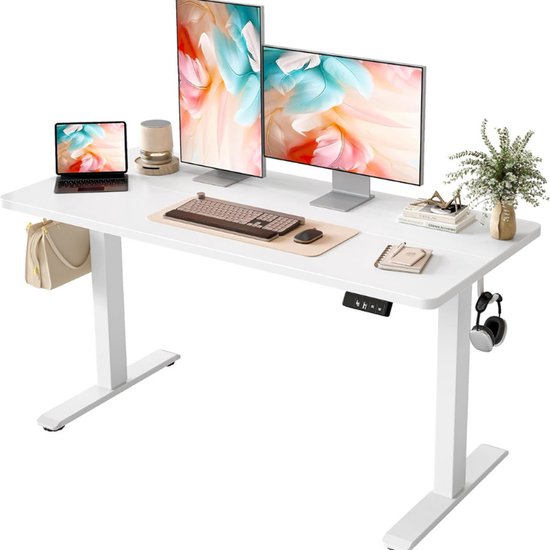 BEXEVUE Elektrisch bureau, in hoogte verstelbaar, 120 x 60 cm, ergonomische sta- en zittafel voor telewerk, stabiel en stil, met 2 geheugentoetsen, modern design, wit