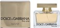 Dolce & Gabbana The One Eau de Parfum, 75ml. Gouden doosje en glazen parfumfles met gouden dop.