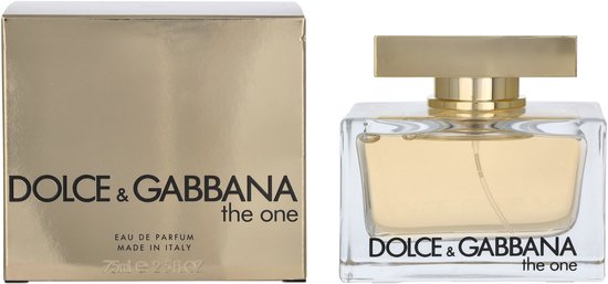 Dolce & Gabbana The One Eau de Parfum, 75ml. Gouden doosje en glazen parfumfles met gouden dop.