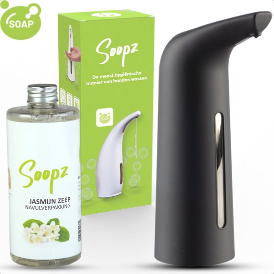 Zwarte automatische zeepdispenser, een fles navulverpakking jasmijn zeep en de doos van de zeepdispenser.