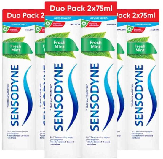 Drie Sensodyne Fresh Mint duo packs, 2x75ml tubes tandpasta met groene bladeren en '1e Keuze van Tandartsen'.
