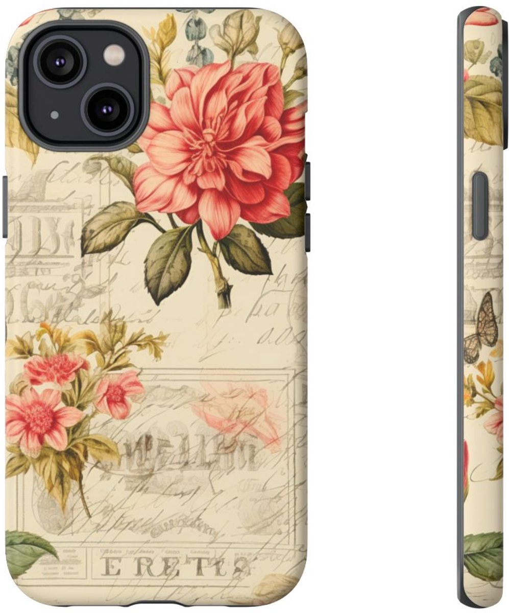 Vintage Bloemenpatroon met Vlinders – Telefoonhoesje Geschikt voor iPhone 14 Plus