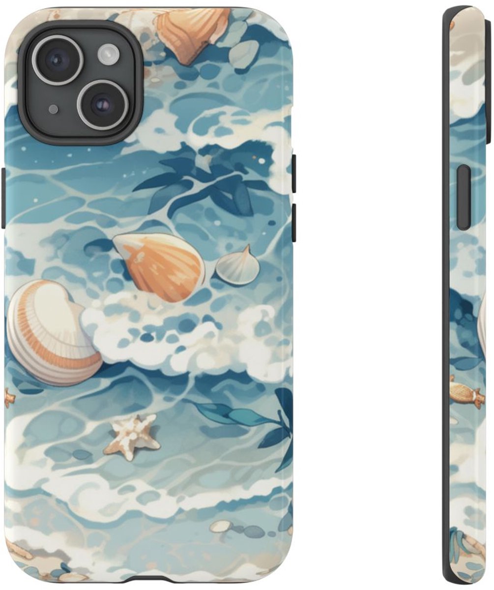 Zeesterren en Schelpen op Oceaangolven – Telefoonhoesje Geschikt voor iPhone 15 Plus