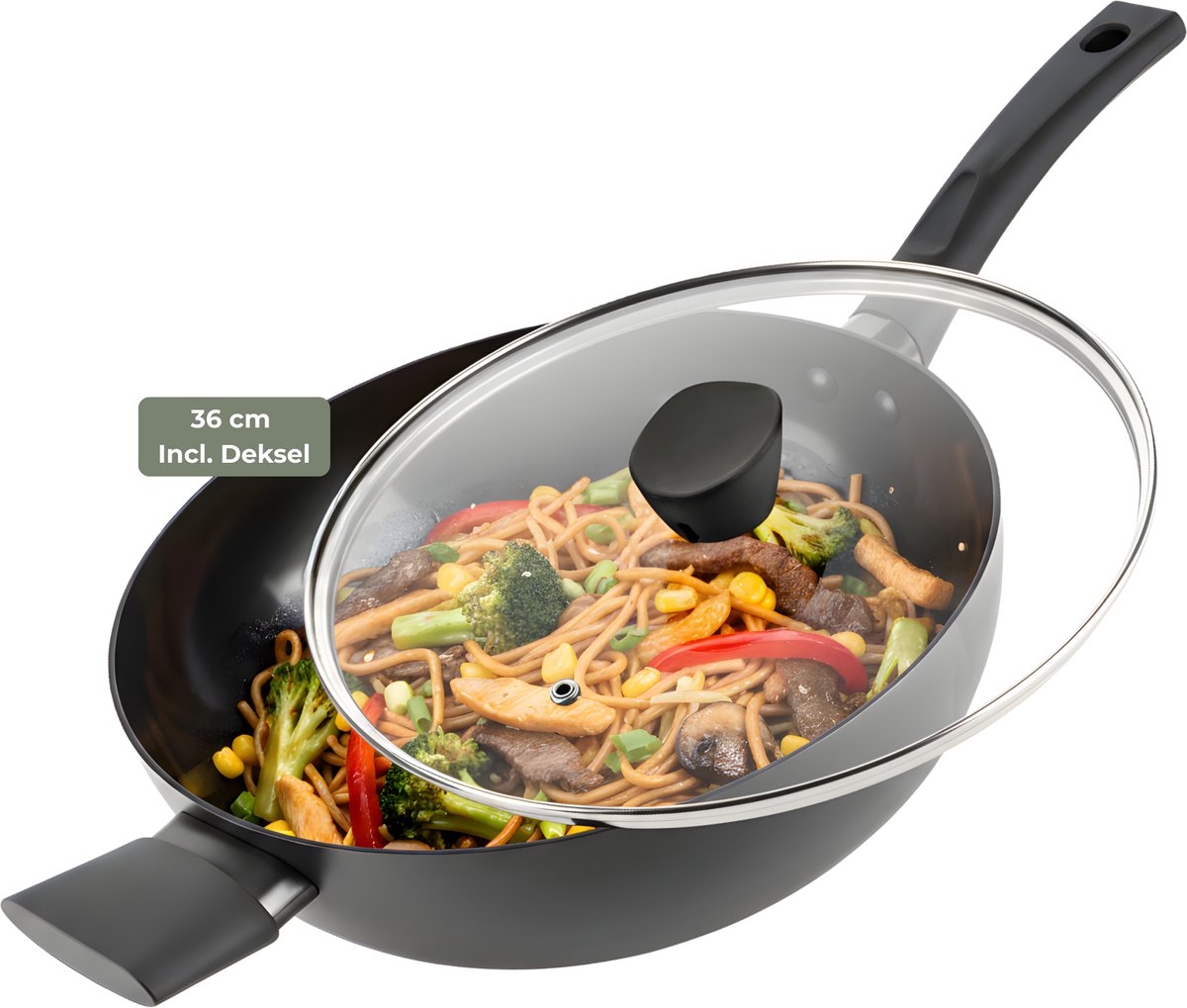ISENVI Avon - Wokpan - 36 cm - keramische pan - wokpan inductie - wokpan met deksel - Ergo greep