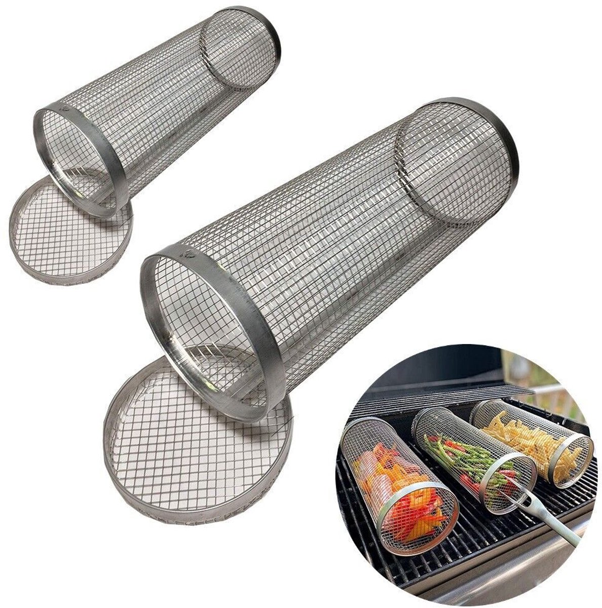 2-pack rollende grillmand BBQ-gaascilinder BBQ-grillvleesgroentekooi