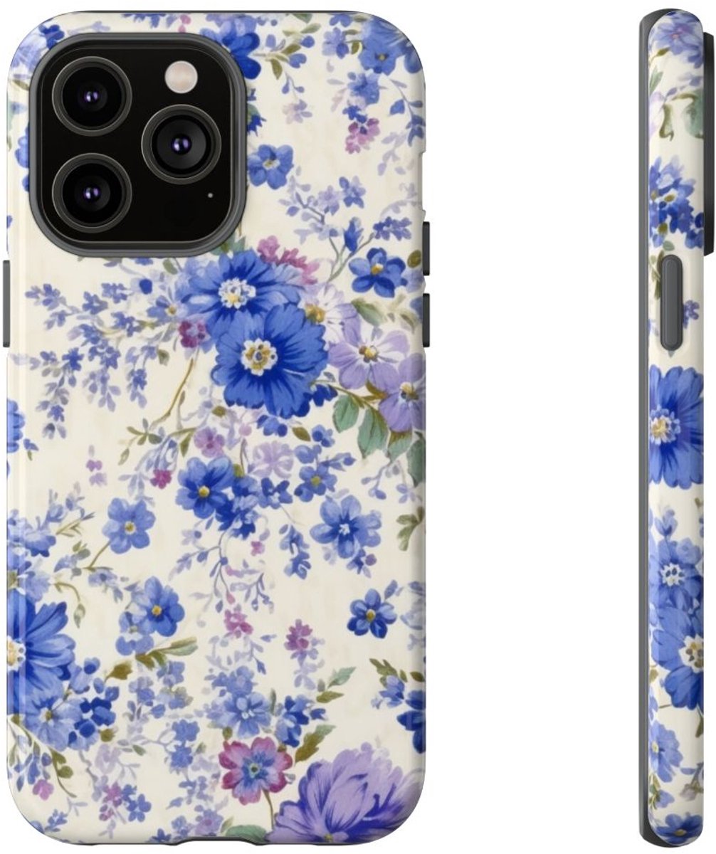 Blauw-Paars Bloemenpatroon – Telefoonhoesje Geschikt voor iPhone 14 Pro Max