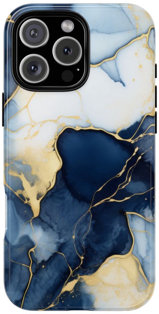 Diepblauw en Goud Abstract Inktpatroon – Telefoonhoesje Geschikt voor iPhone 16 Pro Max