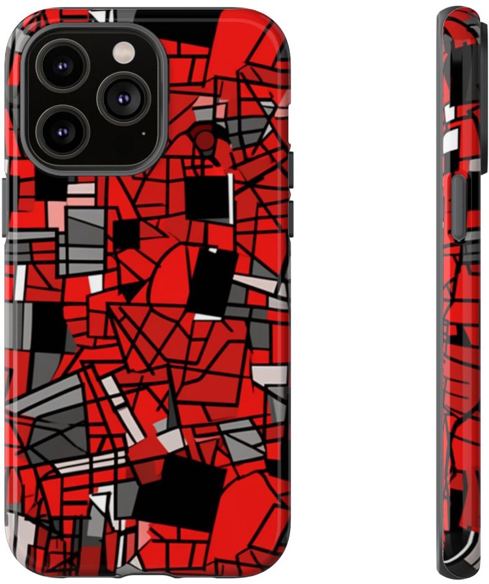 Abstract Rood-Zwart Geometrisch Patroon – Telefoonhoesje Geschikt voor iPhone 14 Pro Max