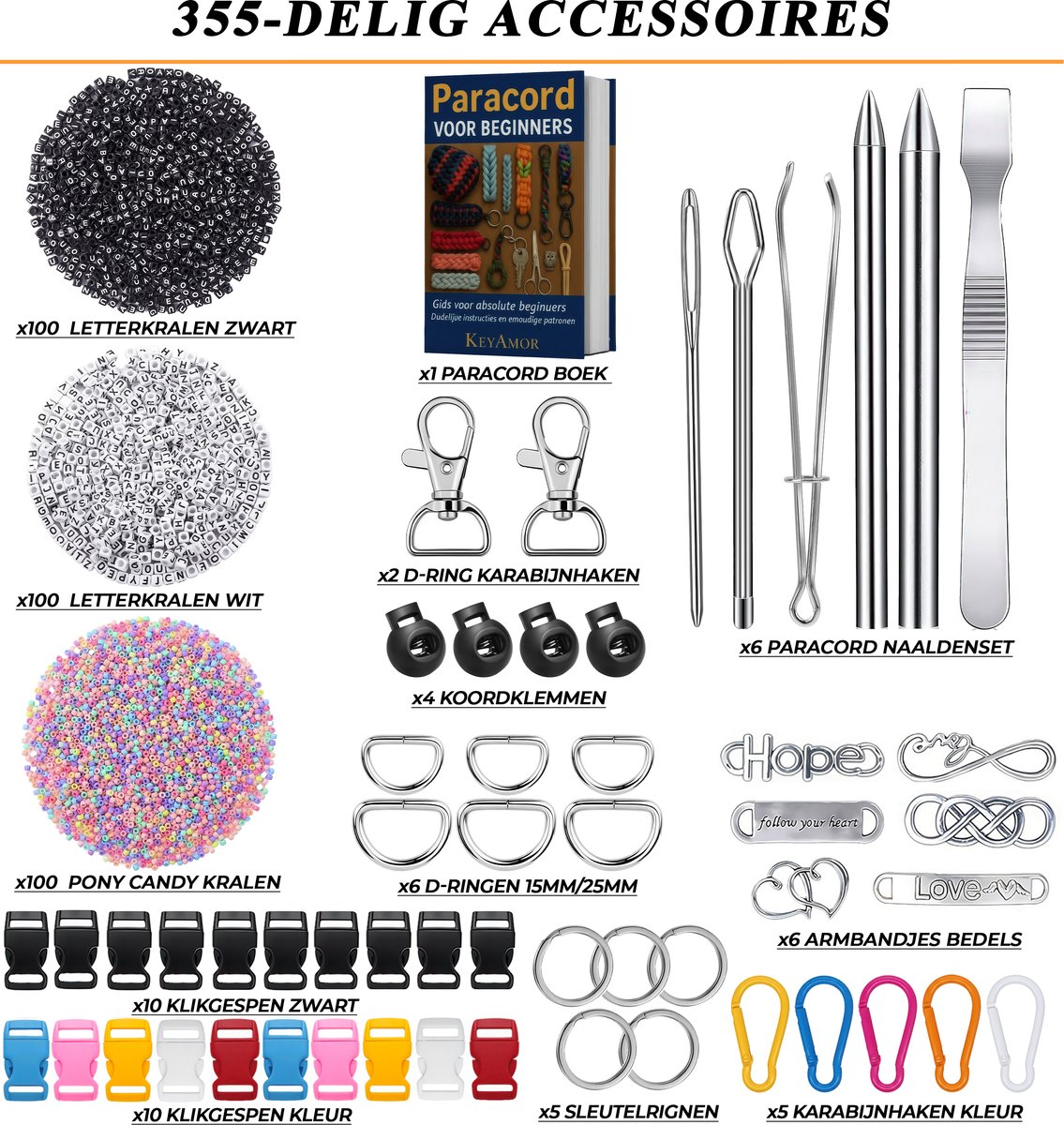100 meter Paracord Pakket met 355 Accessoires - 33 Kleuren 4mm/2mm Parakoord 550, Karabijnhaken, Naaldenset, Bedels, Klikgesp, Kralen - Parachute Koord Knutselpakket Set - Knutselen Touw voor Volwassen, Kinderen, Meisjes - Sieraden/Armbandjes Maken — afbeelding 3